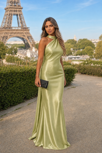 Robe Céleste Vert Sauge, robe longue en satin à col halter et écharpe drapée dans le dos, devant la Tour Eiffel à Paris au coucher du soleil, pochette à la main. Élégante tenue de soirée parisienne.