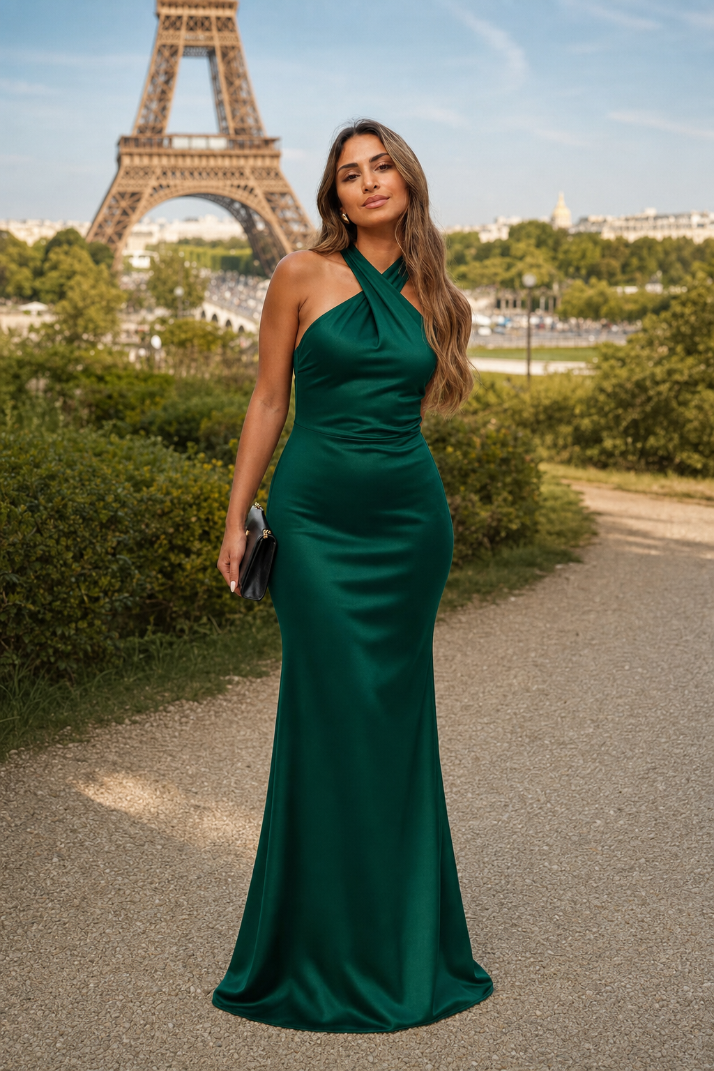 Robe Héloïse Vert Émeraude, robe longue sirène en satin à col halter et dos nu, devant la Tour Eiffel à Paris, pochette à la main. Tenue de soirée élégante à la parisienne.